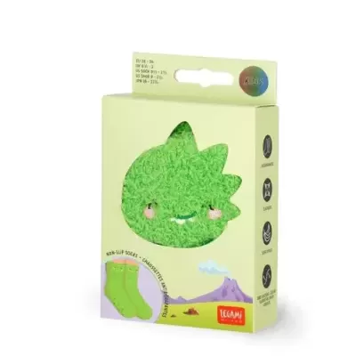 Caixa clara de meias verdes para crianças com rosto sorridente e folha recortada.