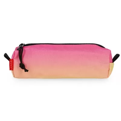 Estojo retangular cor-de-rosa e amarelo com fecho preto e etiqueta Legami.