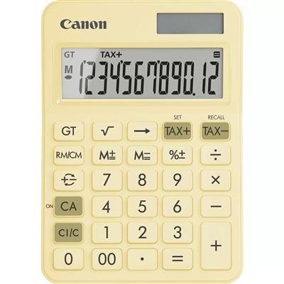 Calculadora Canon amarela com visor digital LCD mostrando números e texto TAX+