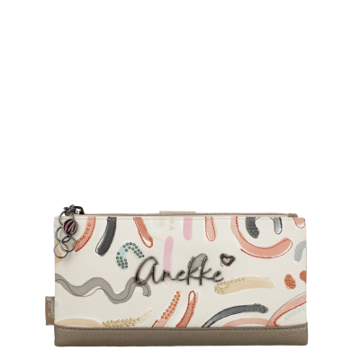Carteira retangular creme com padrão colorido e placa metálica Anekke