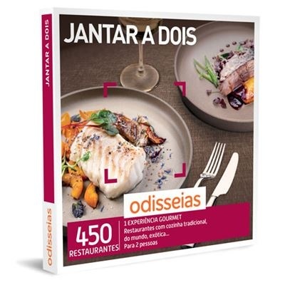 Caixa do produto JANTAR A DOIS da Odisseias com imagens de pratos gourmet e descrição da experiência