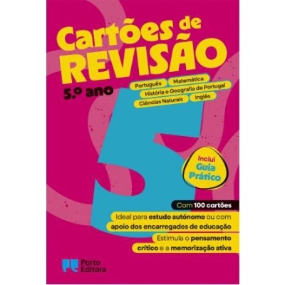 Cartões de revisão 5.º ano em fundo rosa com texto amarelo e azul