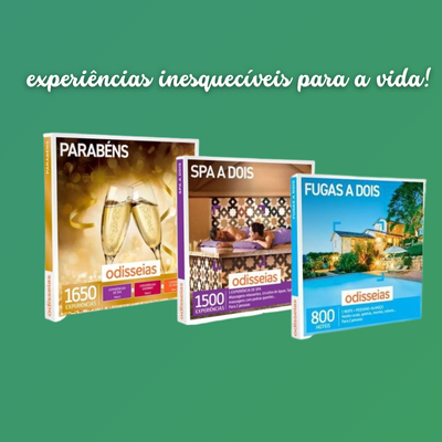 Três caixas de experiências Odisseias com diferentes temas e números de experiências sobre fundo verde.