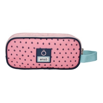 Estojo rosa com padrão de gotas pretas e etiqueta ensō