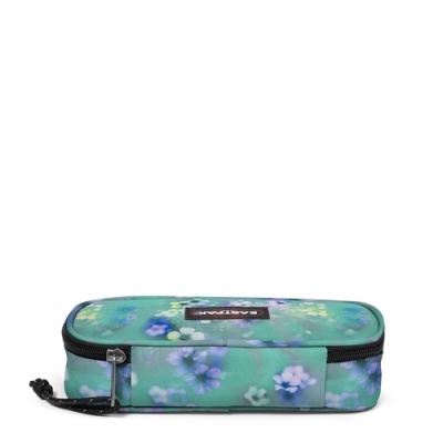 Estojo retangular floral verde e azul com fecho preto e etiqueta EASTPAK