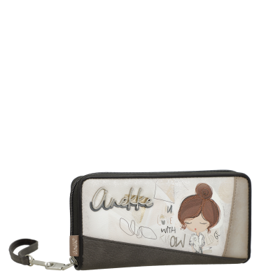Carteira de senhora castanha e bege com desenho e texto