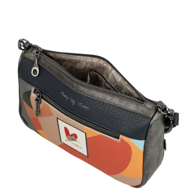 Carteira ou bolsa de mão multicolorida com padrão geométrico e bolso com zíper