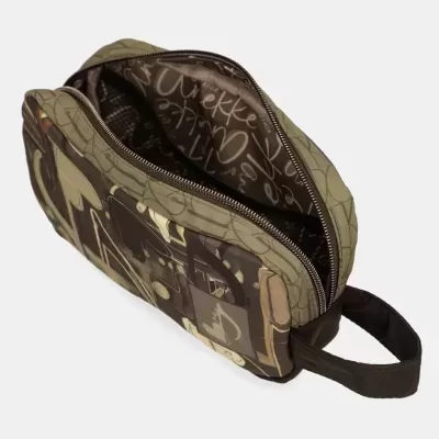 Necessaire retangular padrão abstrato castanho e verde com fecho e pega de tecido