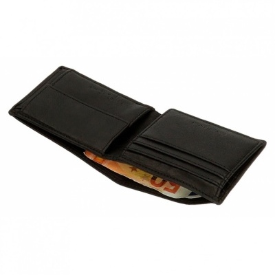 Carteira preta em pele com compartimentos para cartões e nota de 50 euros