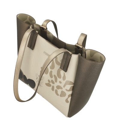 Mala de ombro castanho e bege com padrão abstrato e alças finas