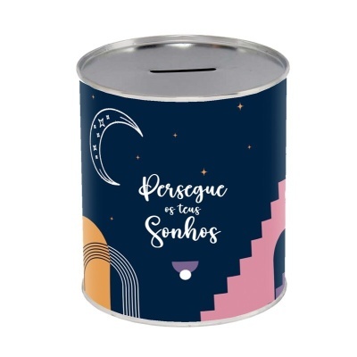 Mealheiro metálico azul com desenhos e frase motivacional