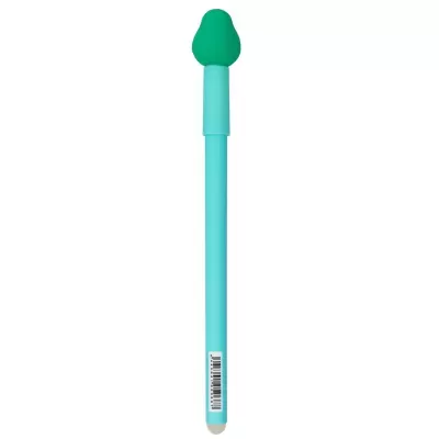 Caneta esferográfica azul claro com tampa verde em forma de pêra