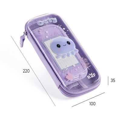 Estojo escolar lilás com plástico transparente e decoração de polvo