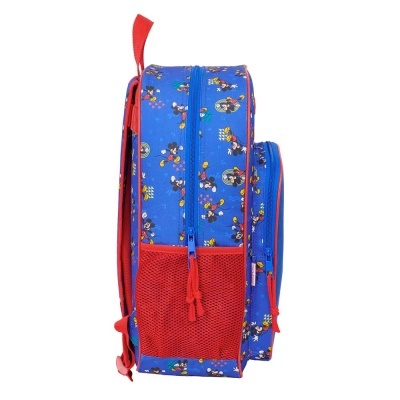 Mochila azul com padrão de Mickey Mouse e bolso lateral em rede vermelha