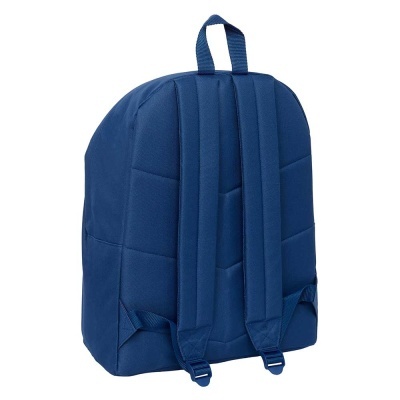 Mochila azul escura vista de trás com alças acolchoadas