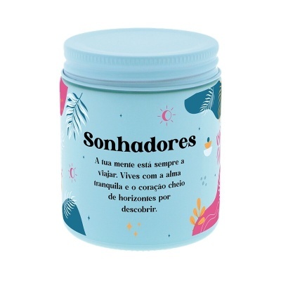 Frasco azul claro com texto em português e decoração colorida