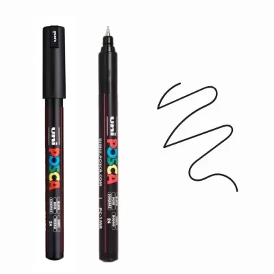 Marcador Uni Posca preto com linha desenhada ao lado
