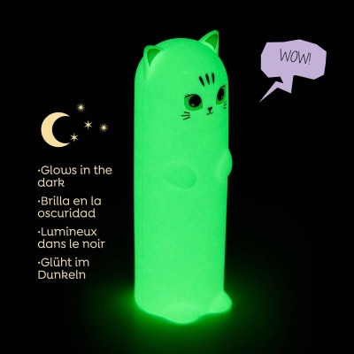 Produto gato verde que brilha no escuro com olhos desenhados e texto ao lado