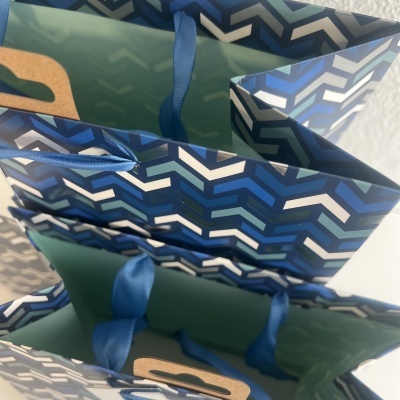 Sacos de papel azuis com padrão geométrico e alças azuis