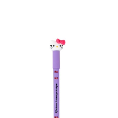 Caneta roxa com tampa decorativa da Hello Kitty e texto impresso