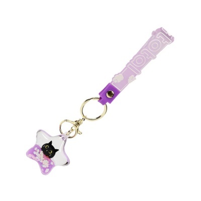 Chaveiro estrela com gato preto e pulseira lilás com texto