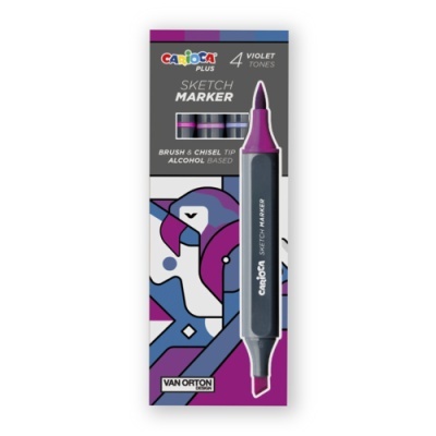 Embalagem de marcadores de esboço violeta Carioca Plus com texto e imagem gráfica.