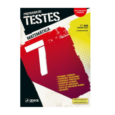 Capa de livro de preparação para testes de matemática para o 7.º ano com fundo vermelho, amarelo, preto e branco