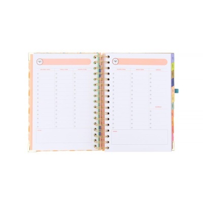 Agenda semanal aberta com folhas brancas e detalhes em salmão e espiral dourada