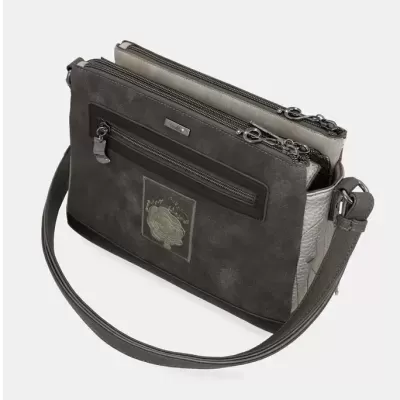 Mala de senhora cinzenta com alça e bolsos com fechos de correr
