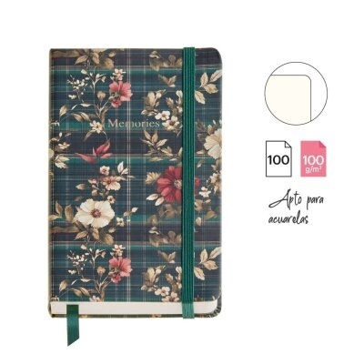 Caderno Floral Memories com capa rígida, padrão xadrez e flores, elástico e marcador verde