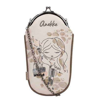Carteira creme com fecho metálico e ilustração de rapariga com corrente