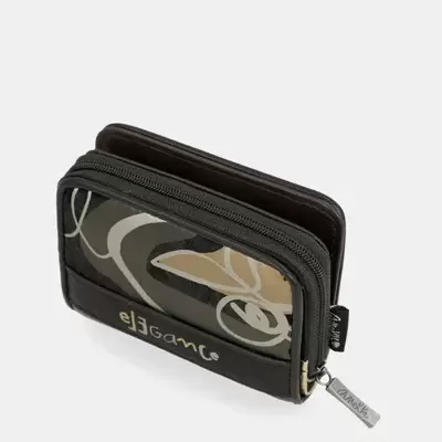 Carteira preta com padrão abstrato bege e branco e fecho de correr