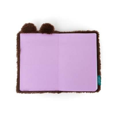 Capa de livro de pelúcia castanha com interior lilás e orelhas