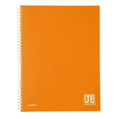 Caderno espiral capa dura laranja com argolas metálicas e logotipos