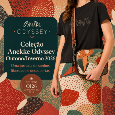 promoção coleção Anekke Odyssey Outono/Inverno 2026 com roupa e mala padrão abstrato