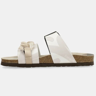 Sandália chinelo com sola de cortiça e tiras bege com padrão abstrato e detalhe enrolado