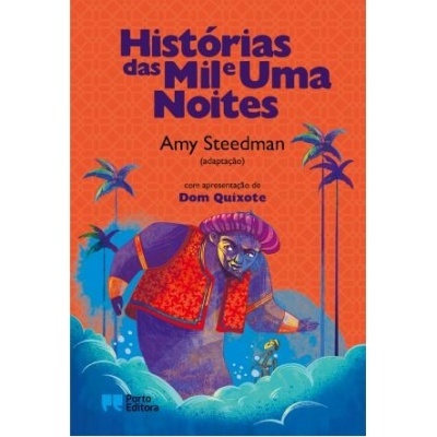 Capa do livro Histórias das Mil e Uma Noites, ilustrado com personagem e palmeiras em fundo laranja