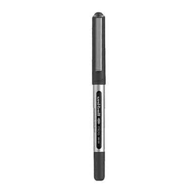 Caneta preta uniball micro UB 155 com tampa preta e corpo metálico prateado