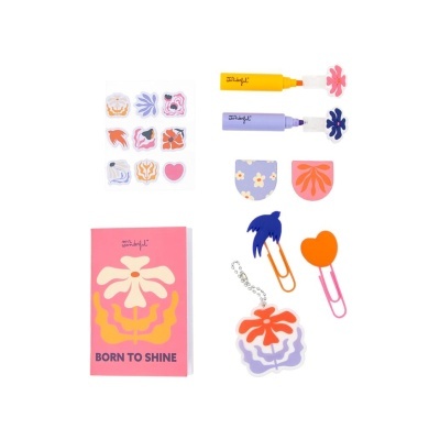 Conjunto de material escritório colorido com caderno Born to Shine e acessórios florais