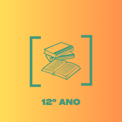 Ícone azul de livros com texto 12º ANO sobre fundo gradiente laranja
