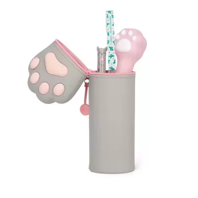Conjunto manicure em caixa com capa forma de pata de gato cinzenta e rosa