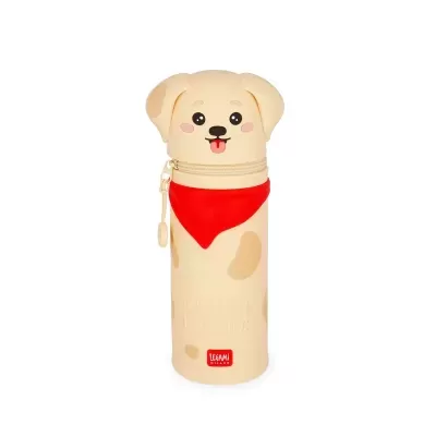 Estojo em forma de cão bege com lenço vermelho e fecho de correr