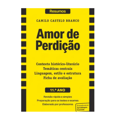 Capa amarela e preta de livro 'Amor de Perdição' para 11.º ano