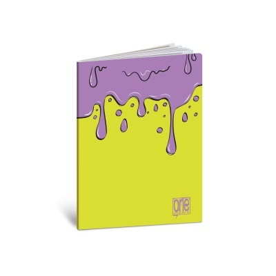 Caderno com capa dura roxa e amarela com gotas desenhadas e texto one COLOR.