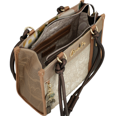Mala de mão bege, castanha e preta com detalhes dourados e interior estampado