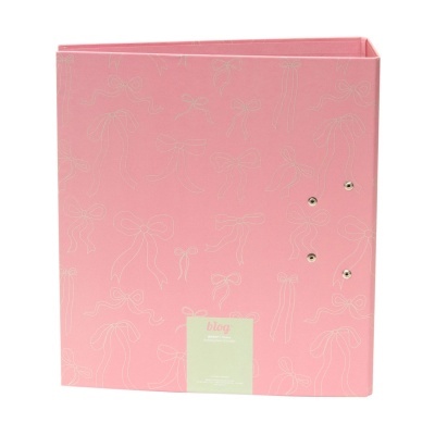 Arquivo rosa com padrão de laços brancos e etiqueta verde claro com texto