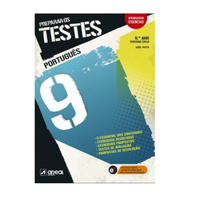 Capa de livro de exercícios para o 9º ano de português com design azul, amarelo e branco.