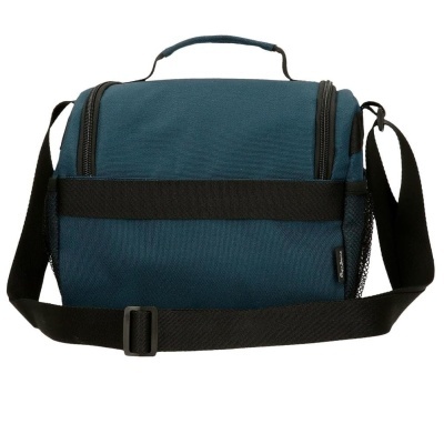 Bolsa térmica azul com alça preta e fechos de correr.