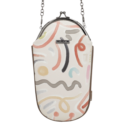 Bolsa pequena com padrão abstrato e alça de corrente metálica