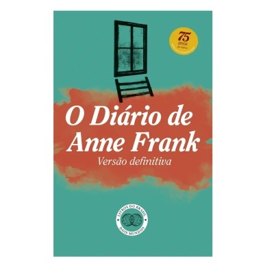Capa do livro O Diário de Anne Frank com janela desenhada e selo dos 75 anos
